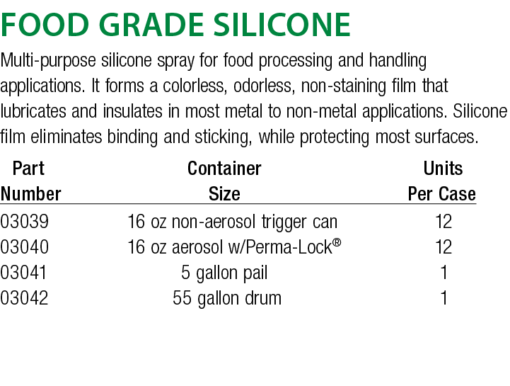 Food Grade Silicone Multi-purpose silicone spray for food processing and handling applications  It forms a colorless,   