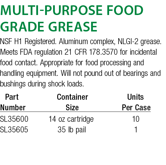 Multi-Purpose Food Grade Grease NSF H1 Registered  Aluminum complex, NLGI-2 grease  Meets FDA regulation 21 CFR 178 3   