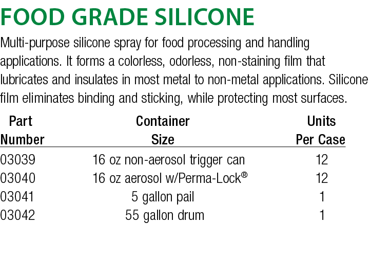 Food Grade Silicone Multi-purpose silicone spray for food processing and handling applications  It forms a colorless,   