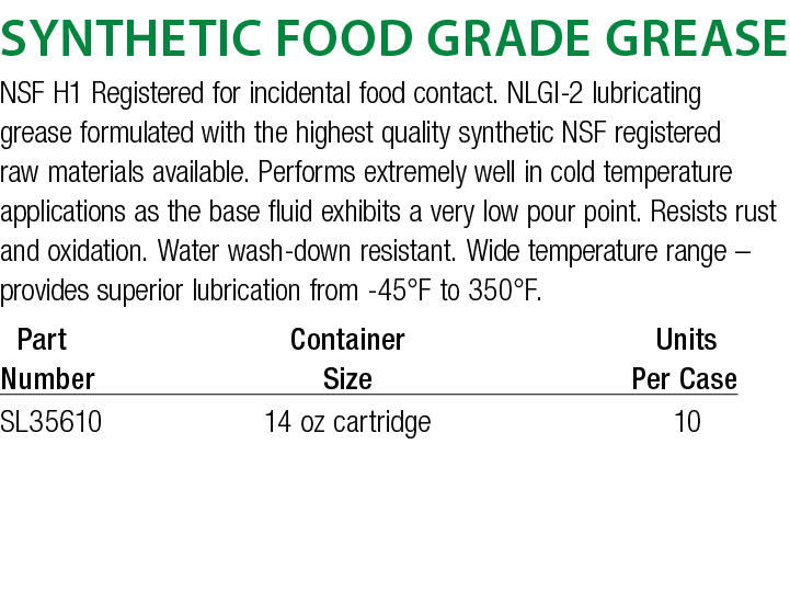 Synthetic Food Grade Grease NSF H1 Registered for incidental food contact  NLGI-2 lubricating grease formulated with    