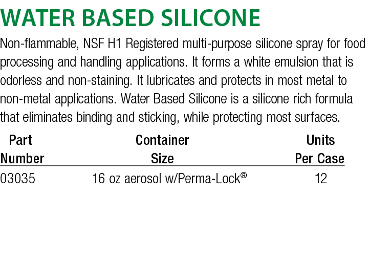 Water Based Silicone Non-flammable, NSF H1 Registered multi-purpose silicone spray for food processing and handling a   